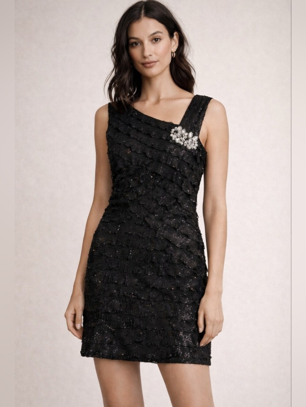 Robbie Bee Black One-Shoulder Beaded Ruffle Dress